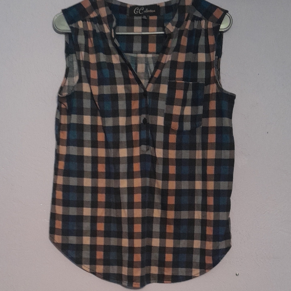 IC COLLECTION Women's Checkered Sleeveless Blouse - Navy and Peach
